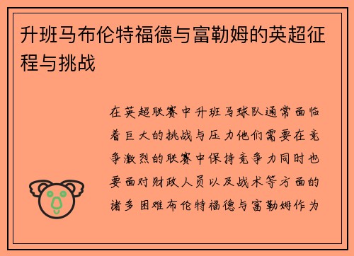 升班马布伦特福德与富勒姆的英超征程与挑战